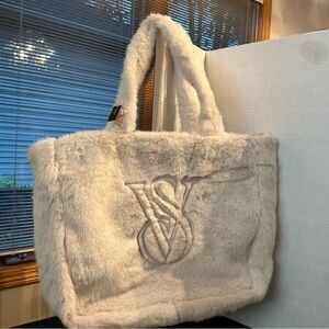 NWT Victoria’s Secret White Cream Faux Fur Large Logo Tote Bag